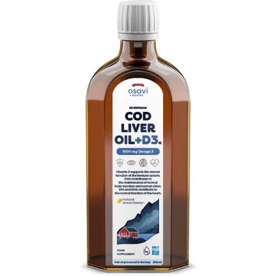 Norwegian Cod Liver Oil + D3, 1000mg Omega 3 (Lemon) - 250 ml.